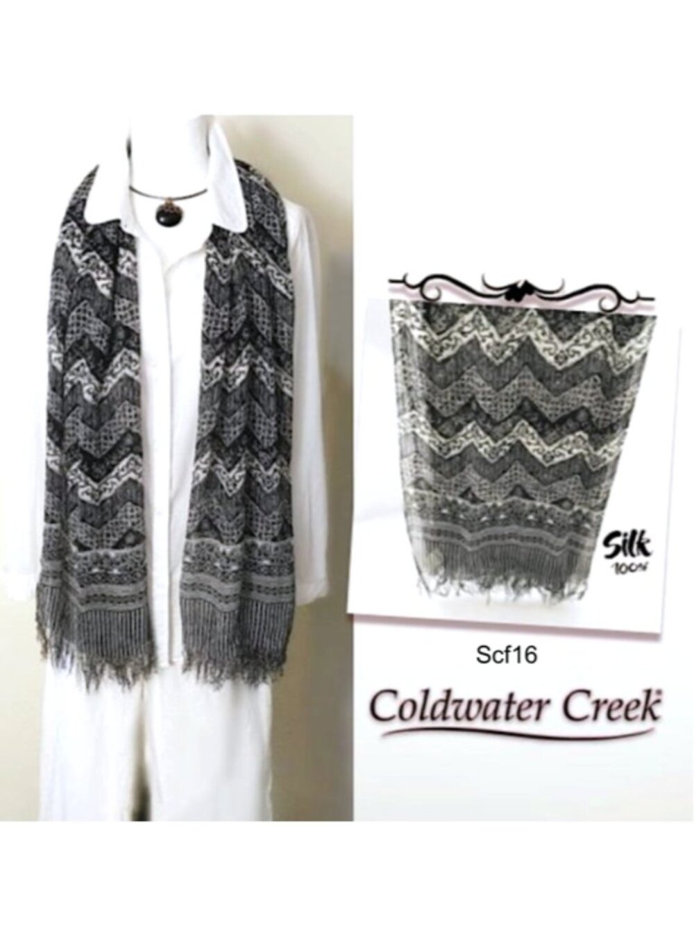 COLDWATER CREEK 100% Pure Silk Rect. Scarf Black White Grey Geo Floral Unisex